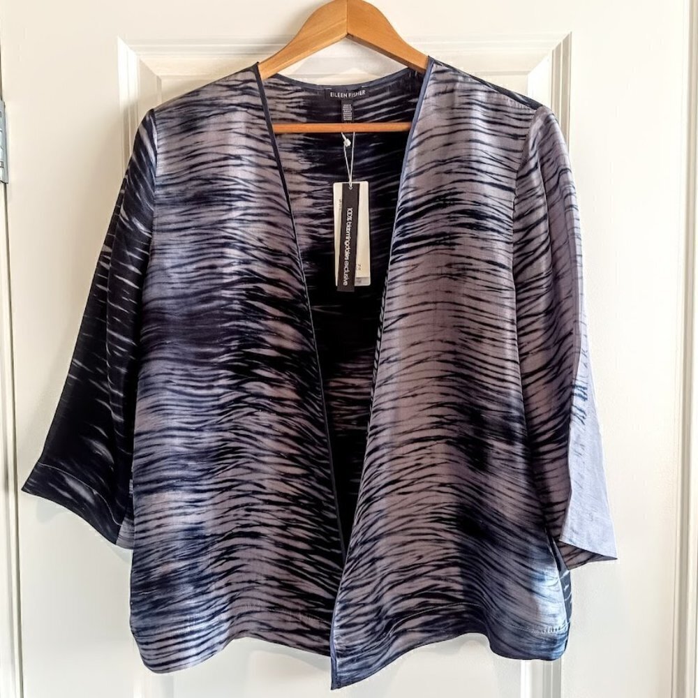 Eileen Fisher Indigo Shibori Patchwork Silk Tie-Dye Kimono NWT